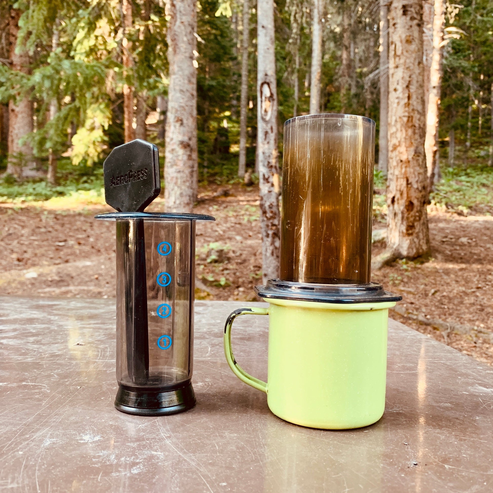 AeroPress kit with a camping mug in the forest.